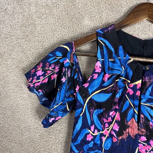 Anthropologie Maeve Elia Dress Womens 0 Blue Floral Print Cold Shoulder A Line - Picture 4 of 11